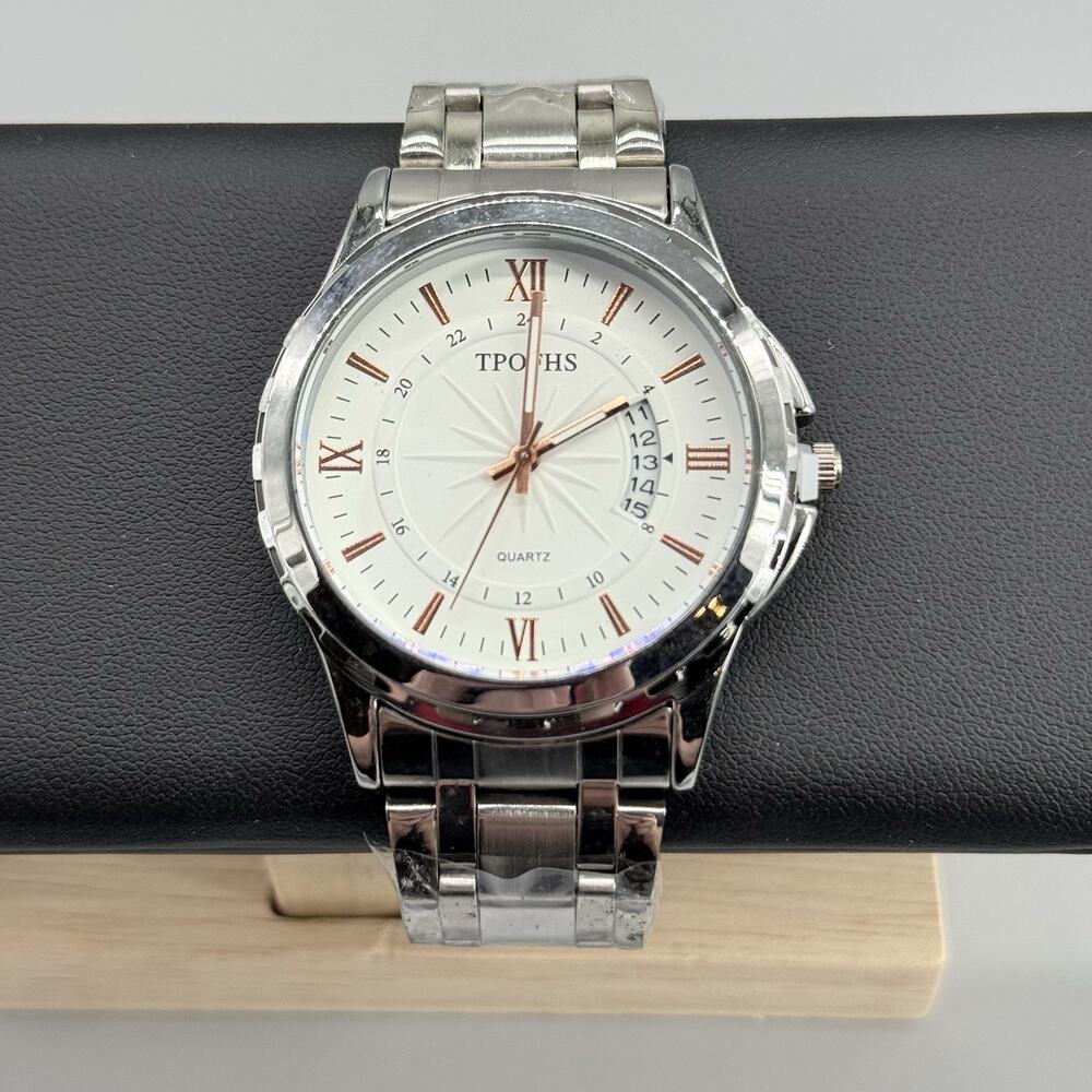 TPOFHS Men's Quartz Watch Stainless Steel White Dial Roman Numeral Date Sport